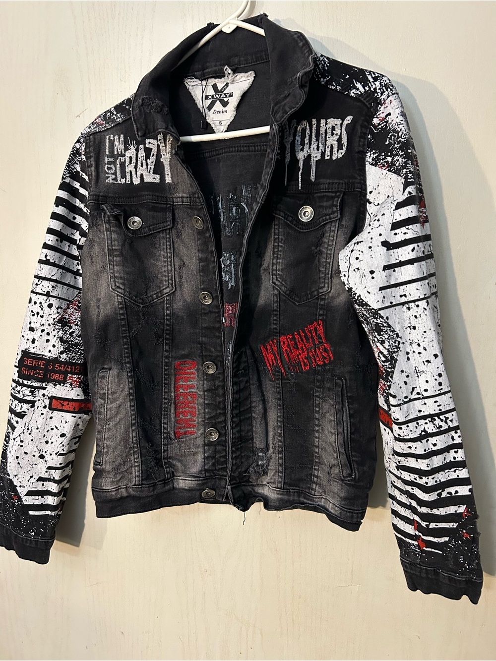 XWAY Denim Graphic Punk Jacket Size S Black Red Grunge Streetwear